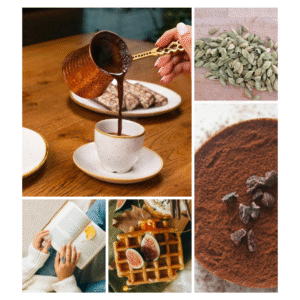Spiced Mocha, Eastern Style – A cup of Turkish coffee with cardamom and spices, set against an autumn backdrop.