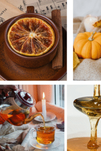 Cup of pumpkin spice tea with an orange slice and honey, a teapot with brewed tea, and a small pumpkin in a cozy autumn setup.
