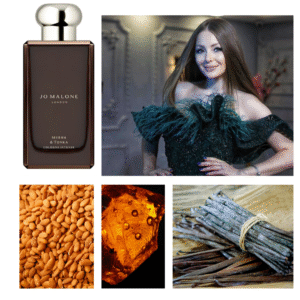 Jo Malone Myrrh & Vanilla perfume bottle, a beautiful woman in an elegant green feathered dress, with spices, cinnamon, and amber, forming a luxurious and atmospheric collage.