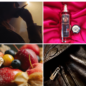 Montserrat Red Tobacco perfume bottle on red silk, a silhouette of a rugged man smoking a cigar, rich leather textures, and cherries with a dessert, forming a bold and atmospheric collage.”