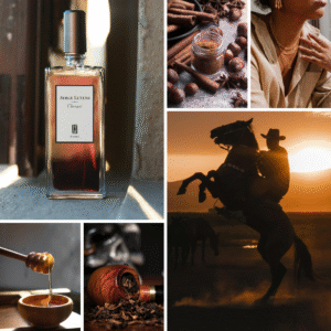 Serge Lutens perfume bottle, a man on a rearing mule in the desert, a woman in elegant beige clothing, with separate elements of honey and coffee beans, forming a dramatic and atmospheric collage