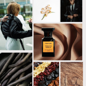 Tom Ford perfume bottle on luxurious brown silk, with dried fruits, vanilla, and beans, alongside a blonde woman in a white dress and black leather jacket holding flowers, embraced by her partner; separately, a man in a suit with glasses and expensive watch, forming an elegant and atmospheric collage.