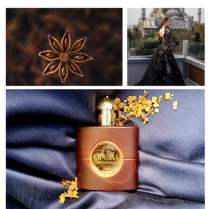 Yves Saint Laurent perfume bottle on blue silk, surrounded by cardamom-like spice and cloves; a woman in a black, voluminous lace ball gown stands on a balcony in Istanbul, with the Suleiman or Hürrem Sultan mosque in the background, forming a luxurious and atmospheric collage.