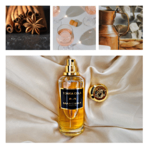 Mancera Colonia Tonka perfume bottle on beige silk fabric, with cinnamon sticks, a pinch of cinnamon, a small copper jug, and a string of lights, creating a soft and atmospheric autumn collage